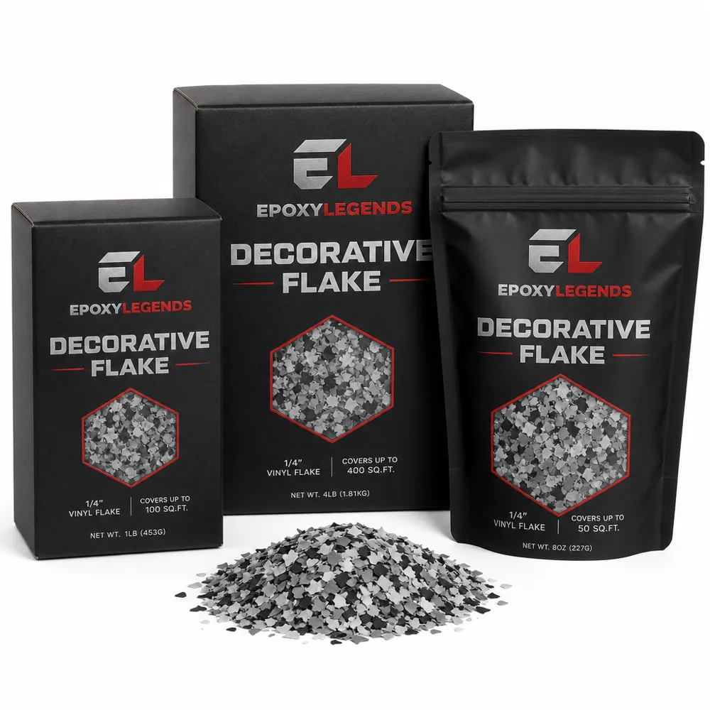 EPOXYLEGENDS decorative vinyl flake boxes and resealable bag with a grey and black flake blend