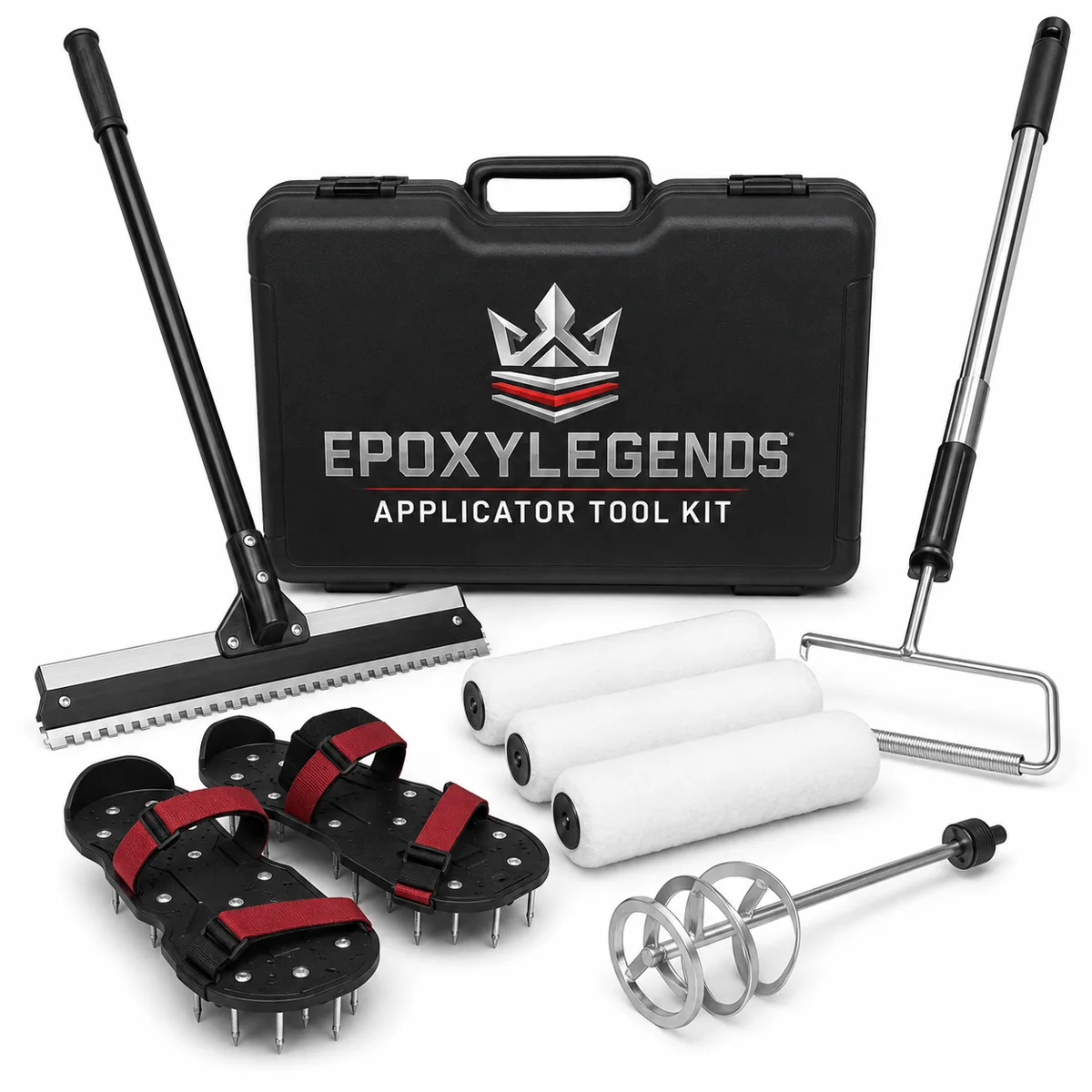 EPOXYLEGENDS professional epoxy flooring applicator tool kit with squeegee, roller covers, spike shoes and mixing paddle